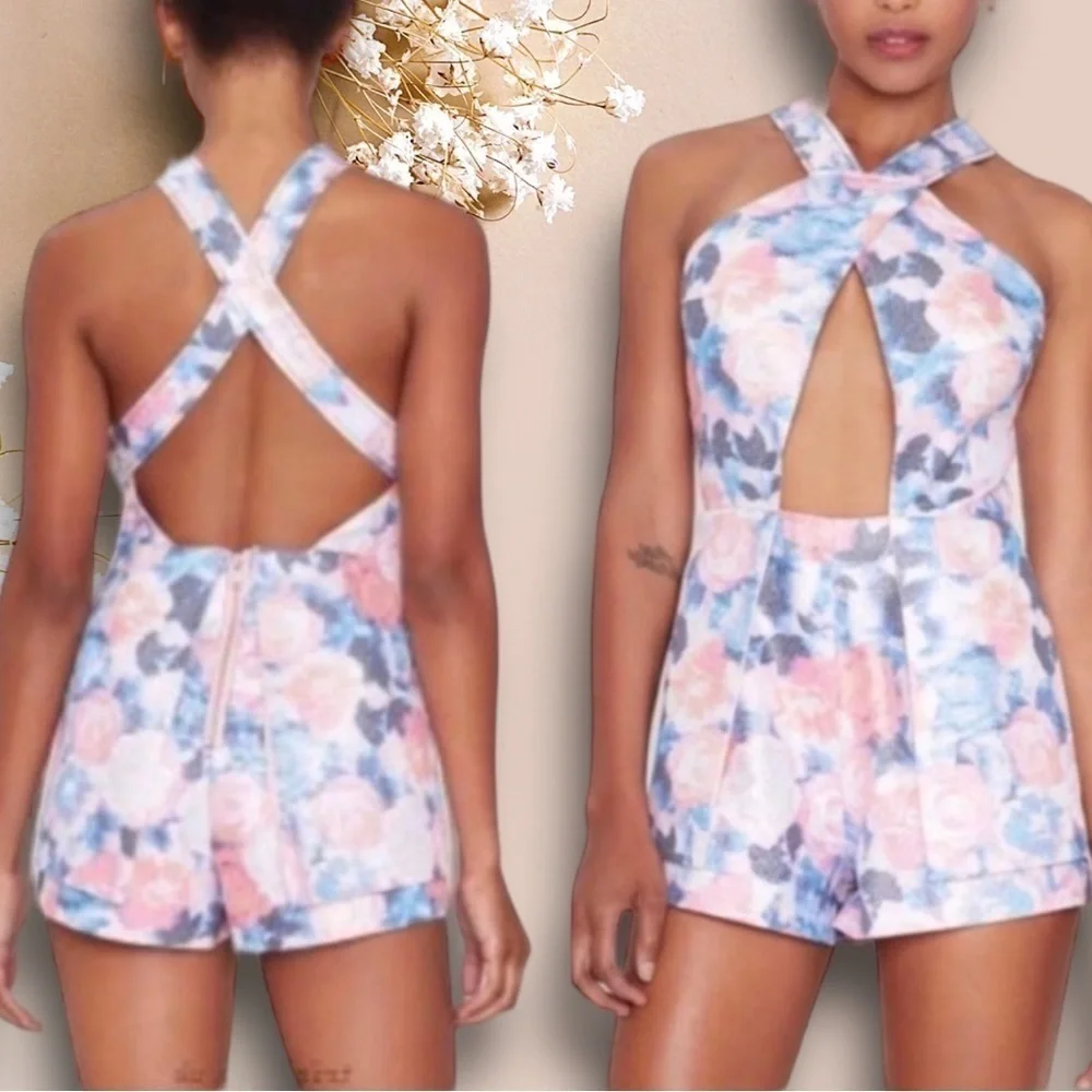NASTY Gal floral shiny jacquard cut out halter romper shorts  Sz S - Picture 2 of 11